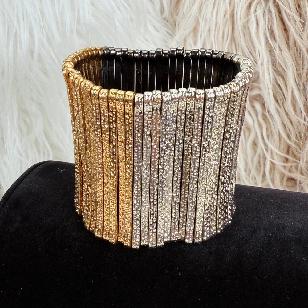 Silvertone aged Goldtone, black gunmetal wide band stretch bracelet